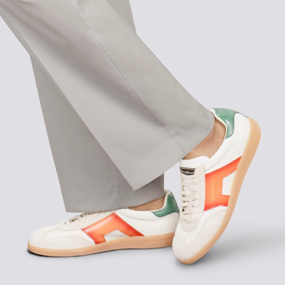 Santoni DBS Oly sneaker da uomo in pelle e suede bianco verde e arancione Saldi