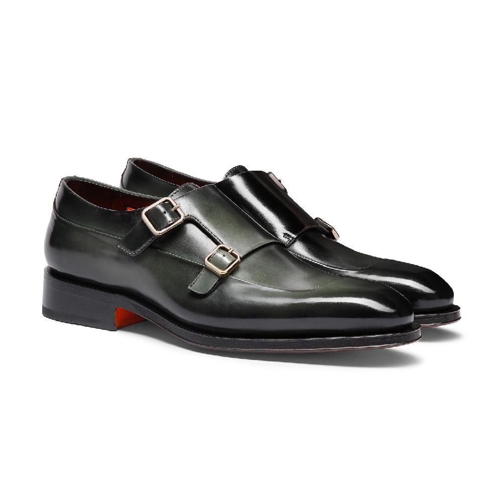 Santoni Doppia fibbia da uomo in pelle verde Vendite Flash