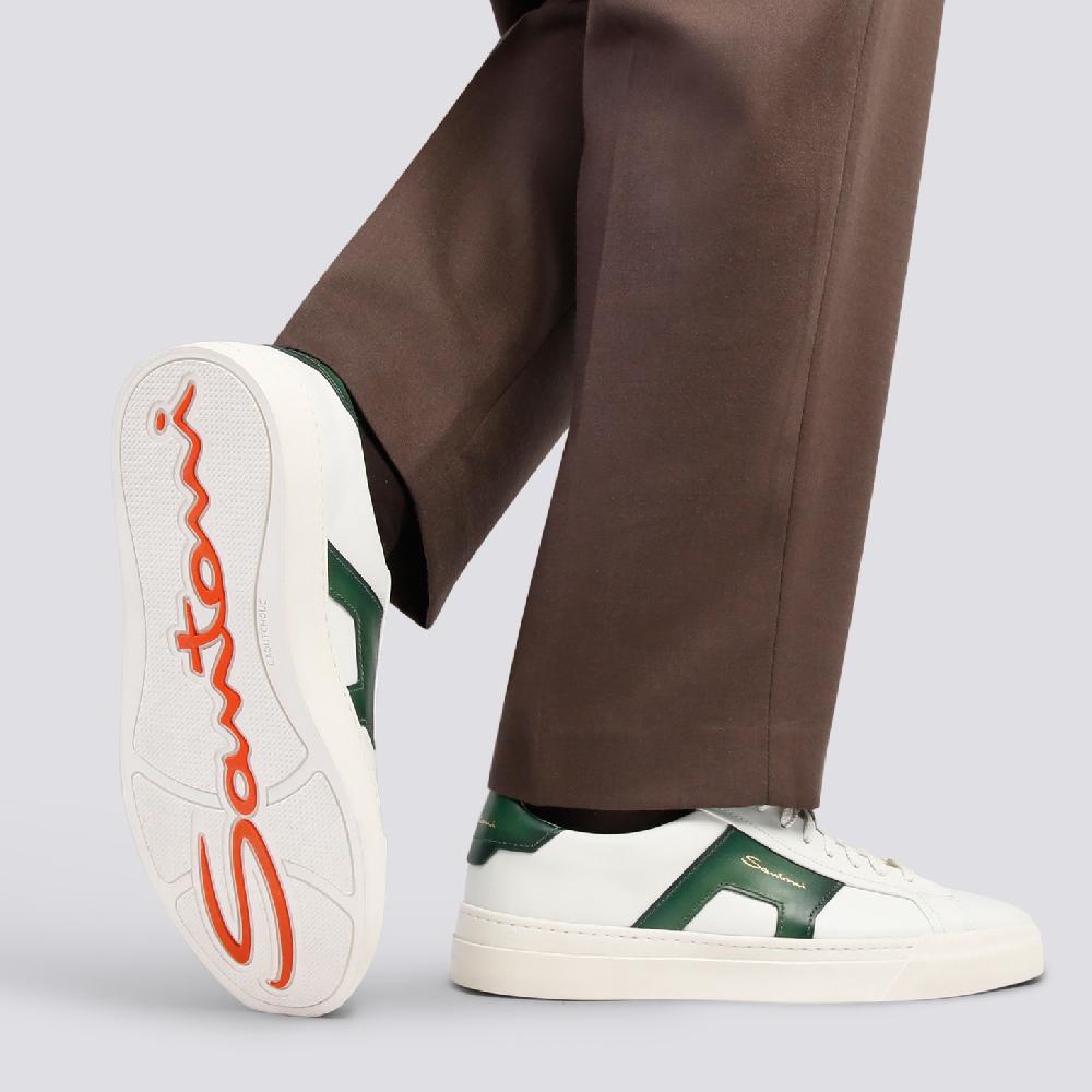 Santoni Double buckle sneaker da uomo in pelle bianca e verde Nuova
