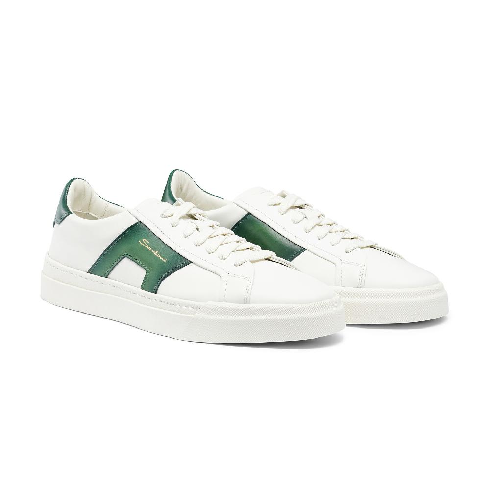 Santoni Double buckle sneaker da uomo in pelle bianca e verde Nuova
