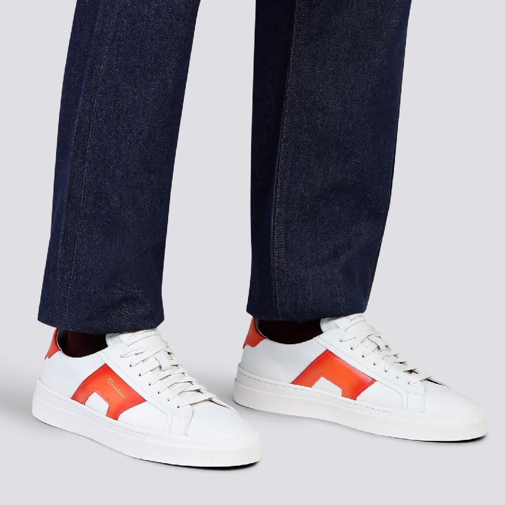 Santoni Double buckle sneaker da uomo in pelle bianca e arancione 2025