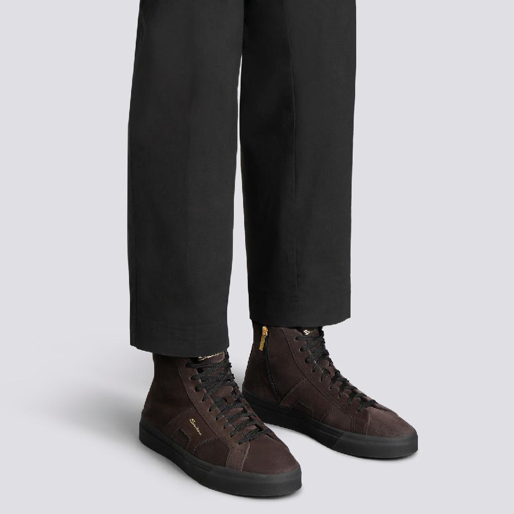Santoni Double buckle sneaker alta con pelliccia da uomo in suede grigio Ultimi tre giorni