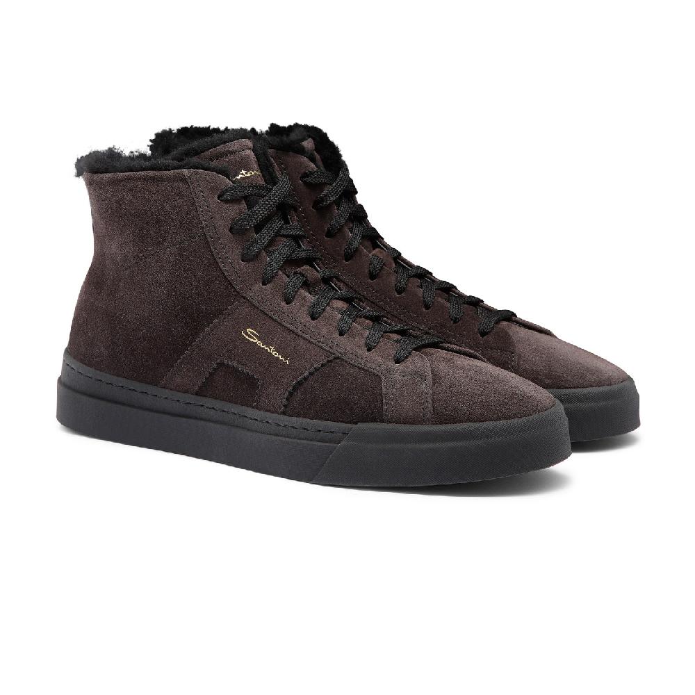 Santoni Double buckle sneaker alta con pelliccia da uomo in suede grigio Ultimi tre giorni