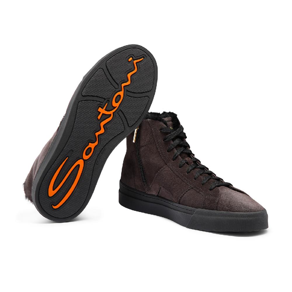 Santoni Double buckle sneaker alta con pelliccia da uomo in suede grigio Ultimi tre giorni