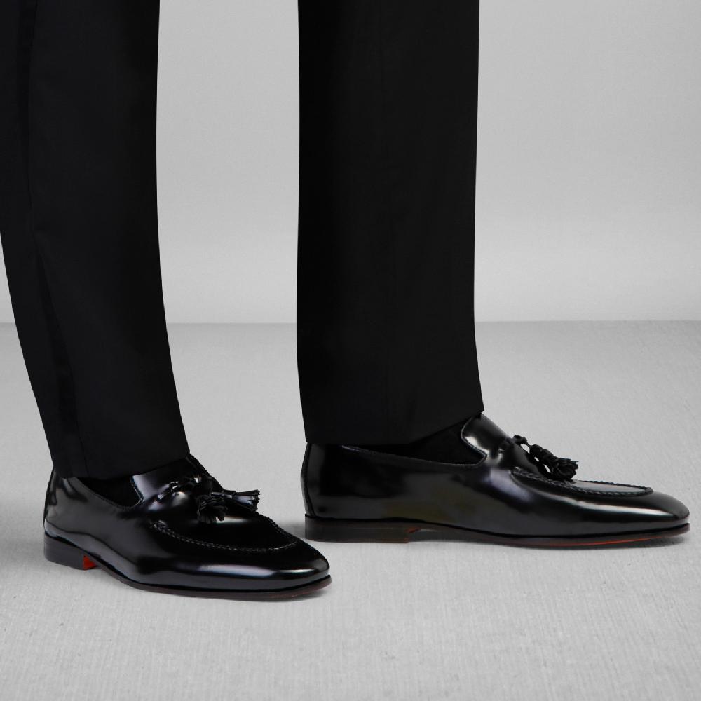 Santoni Mocassino con nappe da uomo in pelle nero Sconto