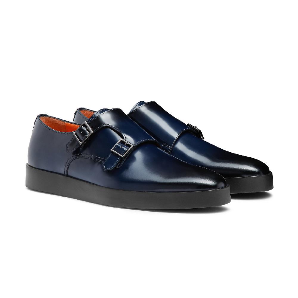 Santoni Doppia fibbia da uomo in pelle lucida blu Outlet