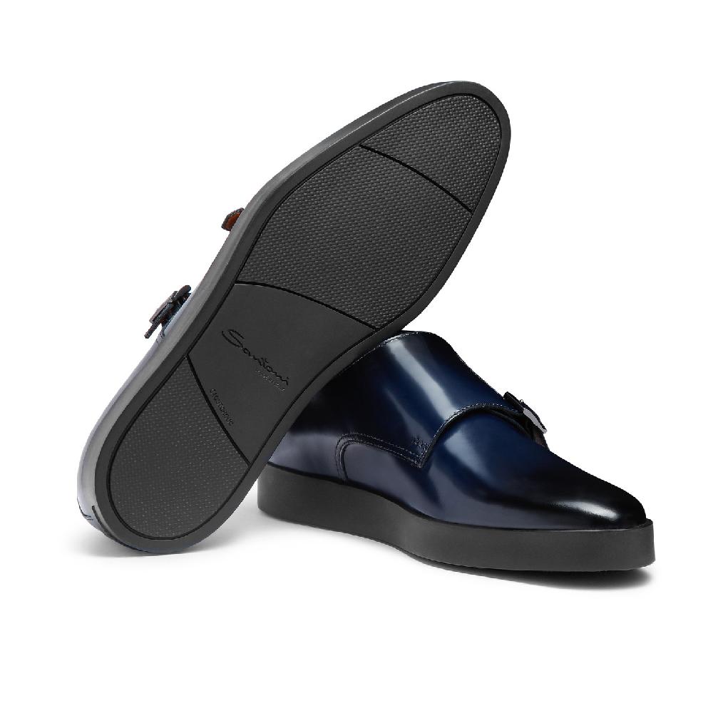 Santoni Doppia fibbia da uomo in pelle lucida blu Outlet