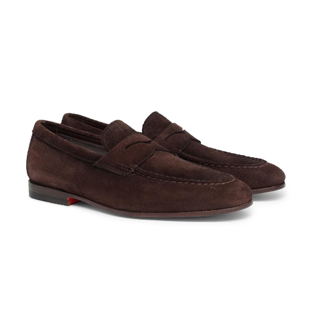 Santoni Mocassino penny da uomo in suede marrone In Vendita