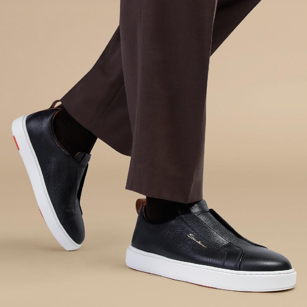 Santoni Sneaker slip-on da uomo in pelle bottalata nera Saldi Di Fabbrica