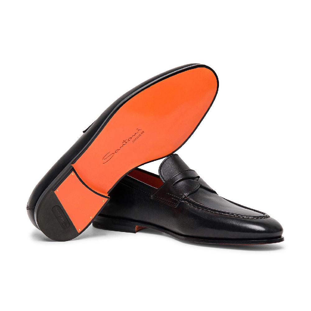 Santoni Mocassino penny da uomo in pelle nera Vendite Flash