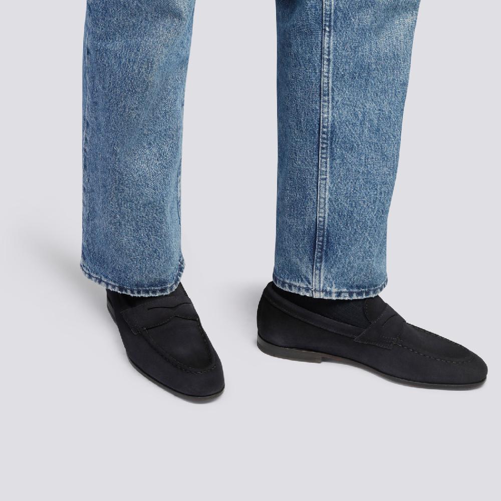 Santoni Mocassino penny da uomo in suede blu Duty-free