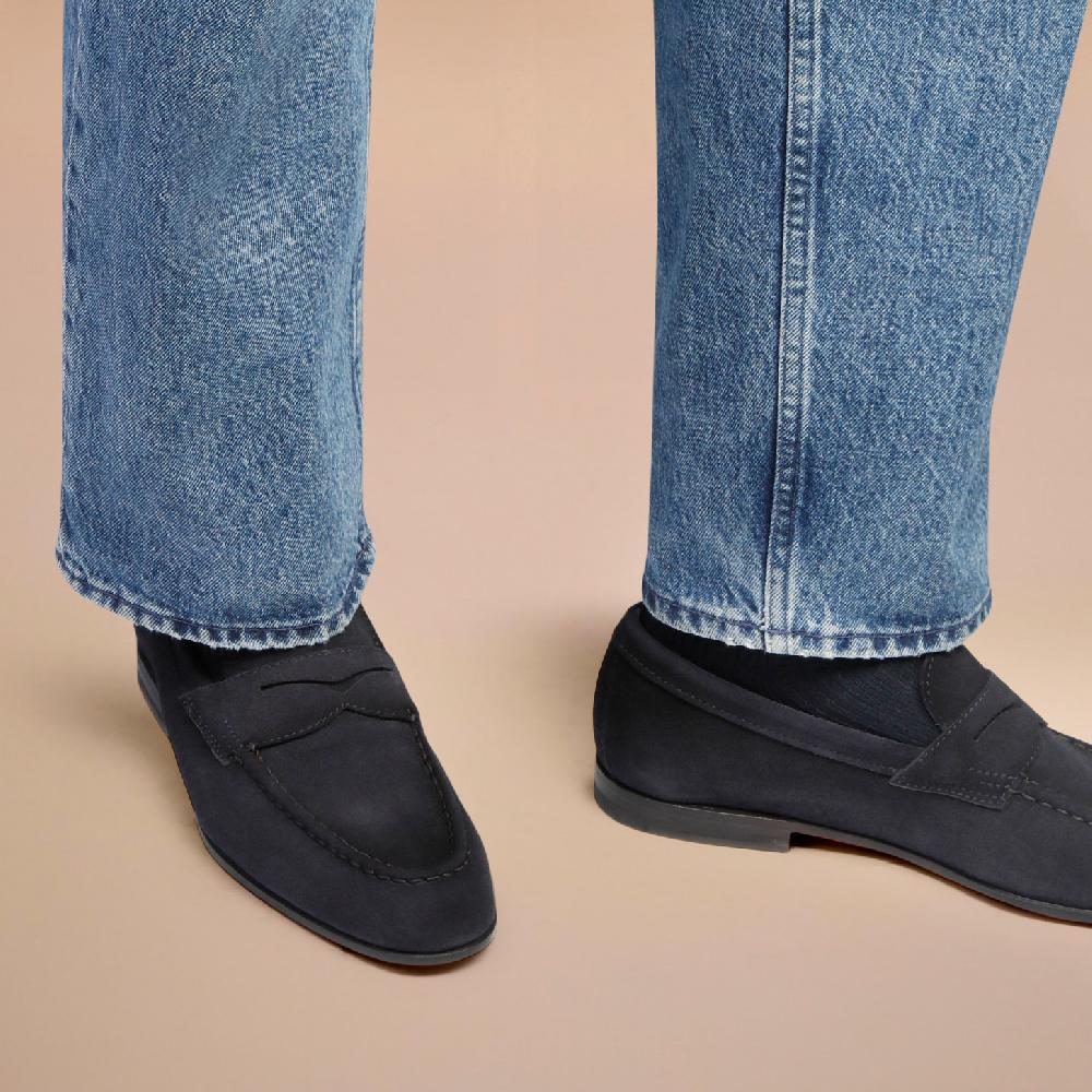 Santoni Mocassino penny da uomo in suede blu Duty-free