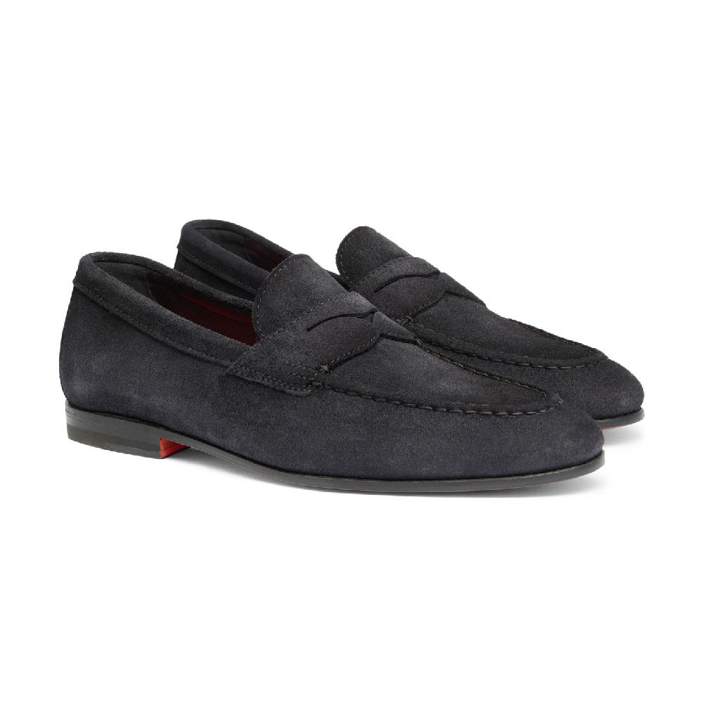 Santoni Mocassino penny da uomo in suede blu Duty-free