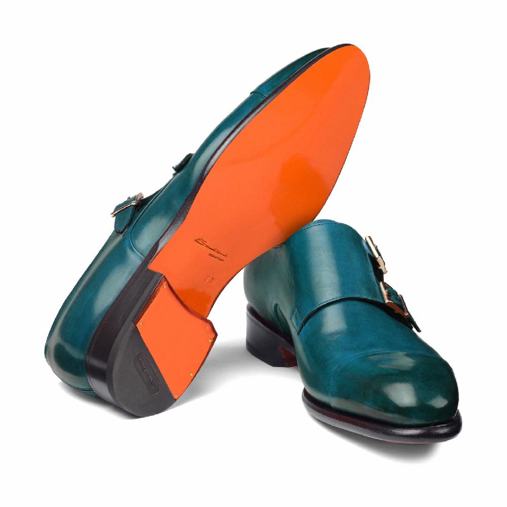 Santoni Doppia fibbia da uomo in pelle turchese Acquista Ora