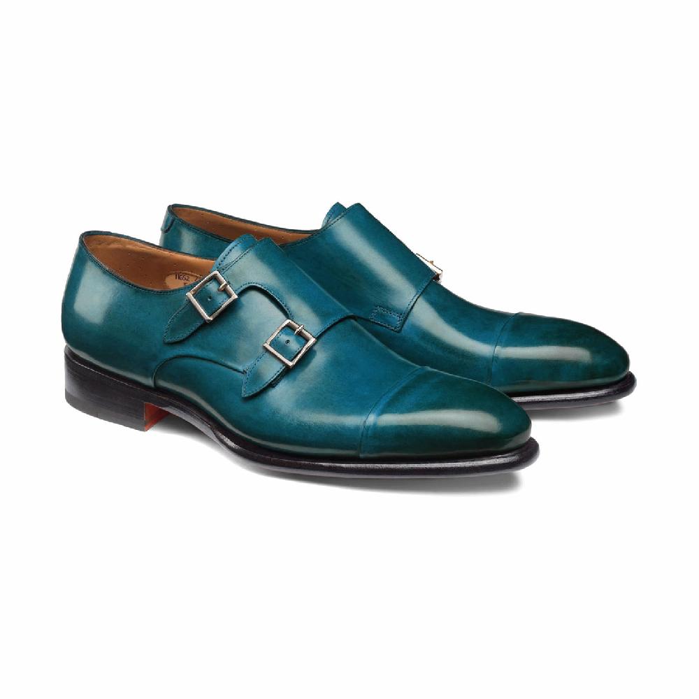 Santoni Doppia fibbia da uomo in pelle turchese Acquista Ora
