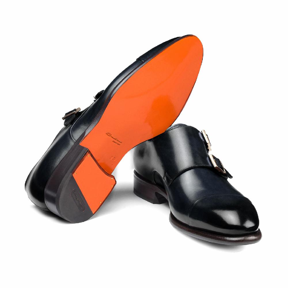 Santoni Doppia fibbia da uomo in pelle blu Consegna Veloce