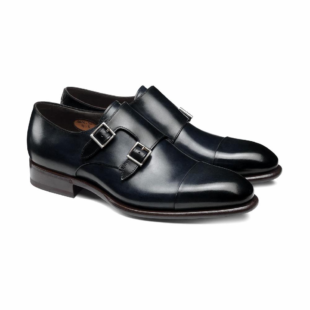 Santoni Doppia fibbia da uomo in pelle blu Consegna Veloce