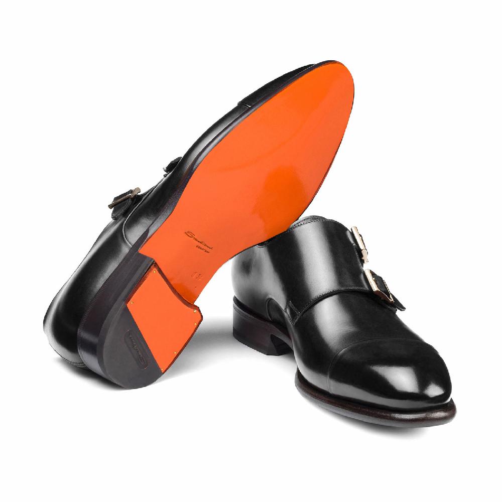 Santoni Doppia fibbia da uomo in pelle nera Promozione Limitata