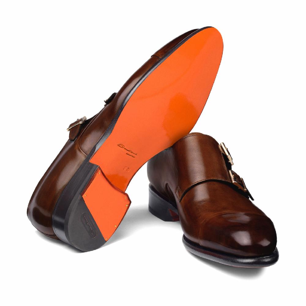 Santoni Doppia fibbia da uomo in pelle marrone medio Shopping Online
