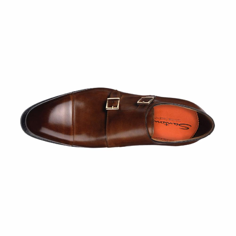 Santoni Doppia fibbia da uomo in pelle marrone medio Shopping Online