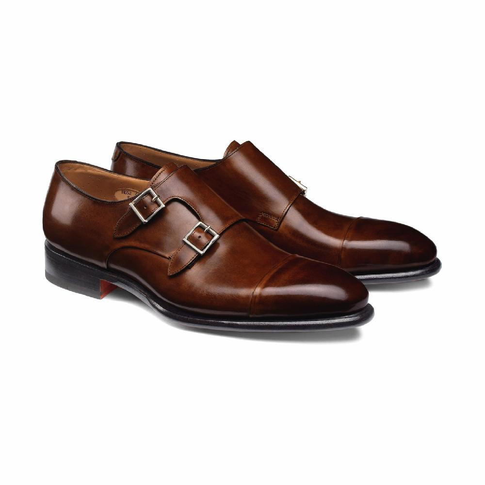 Santoni Doppia fibbia da uomo in pelle marrone medio Shopping Online