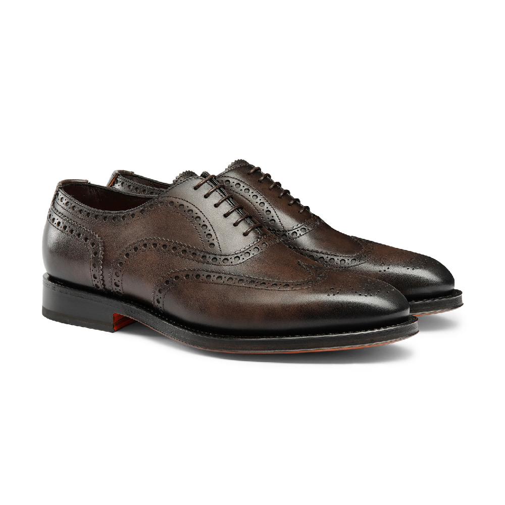 Santoni Stringata oxford brogue da uomo in pelle anticata marrone Prezzo Ridotto