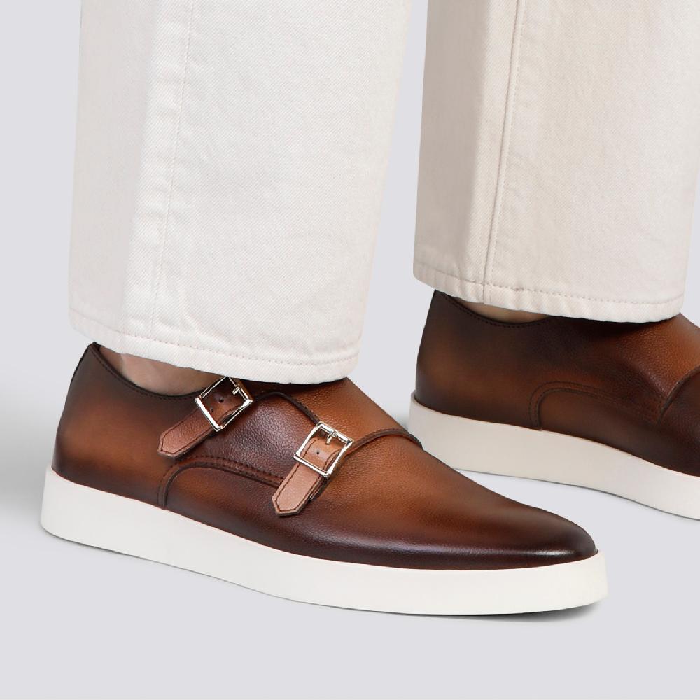 Santoni Doppia fibbia da uomo in pelle bottalata marrone Sottocosto