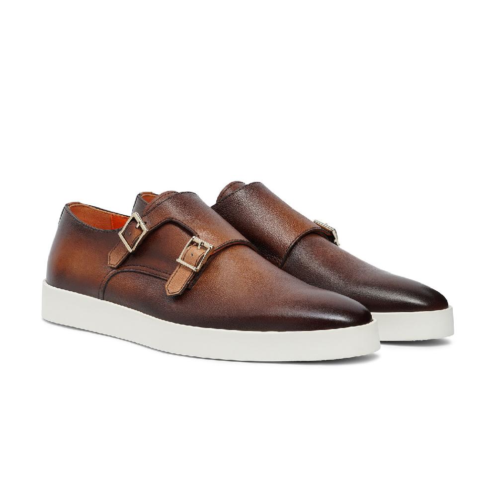 Santoni Doppia fibbia da uomo in pelle bottalata marrone Sottocosto