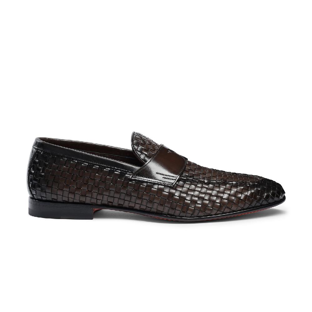 Santoni Mocassino penny con tomaia intrecciata da uomo in pelle marrone