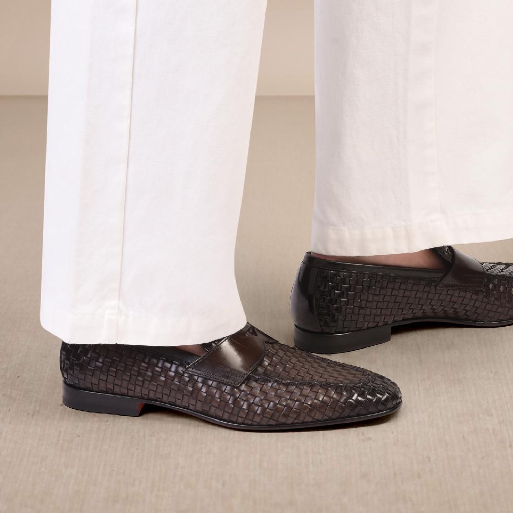 Santoni Mocassino penny con tomaia intrecciata da uomo in pelle marrone Offerta