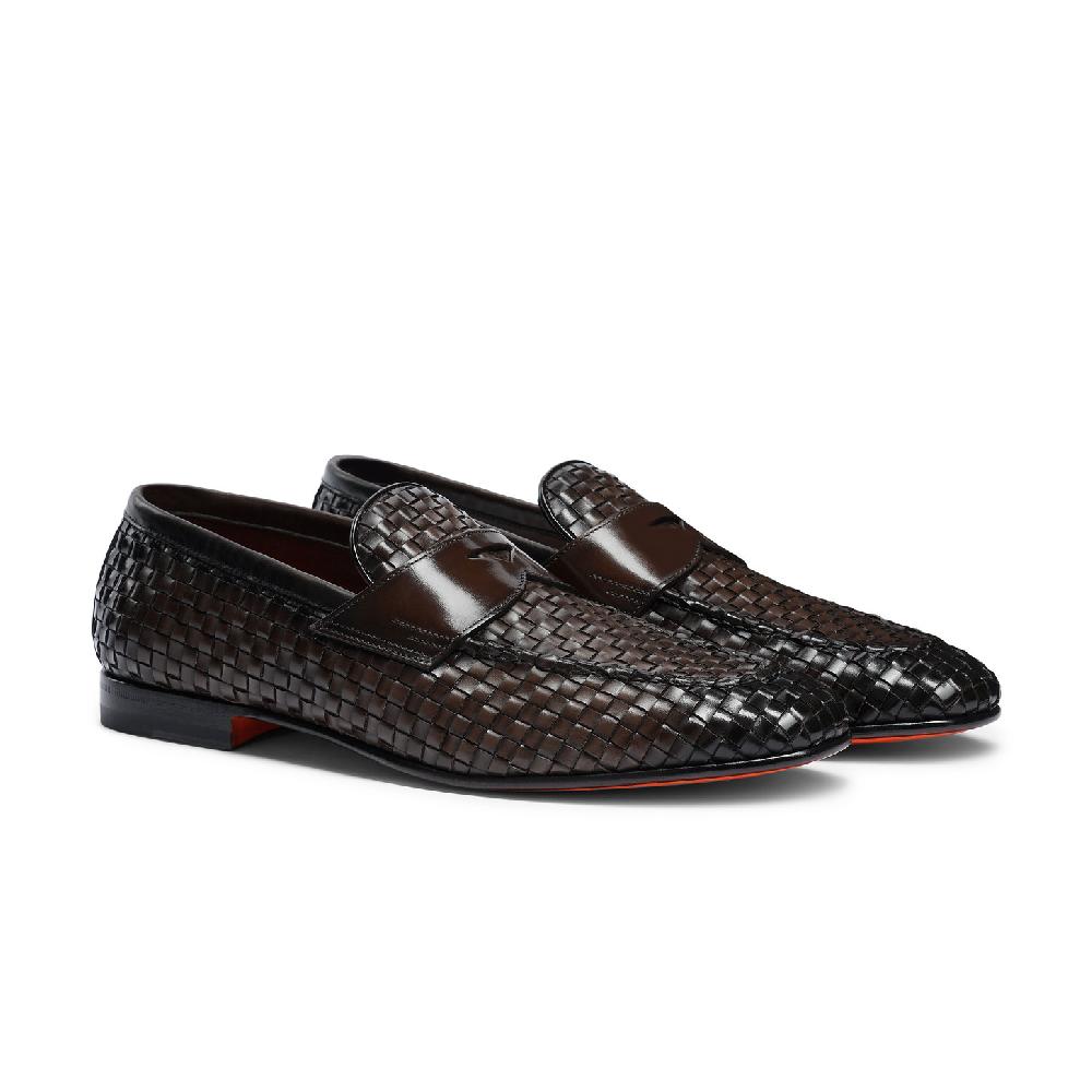 Santoni Mocassino penny con tomaia intrecciata da uomo in pelle marrone Offerta