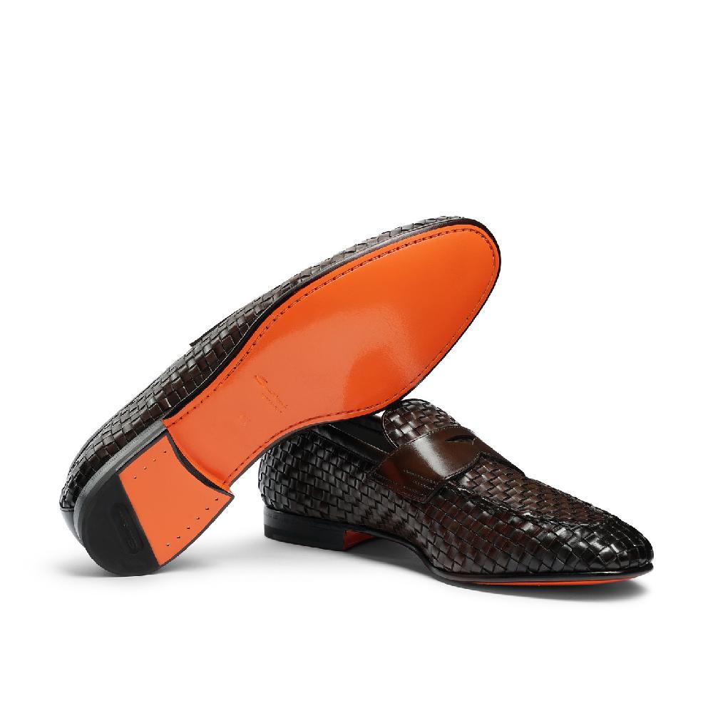 Santoni Mocassino penny con tomaia intrecciata da uomo in pelle marrone Offerta