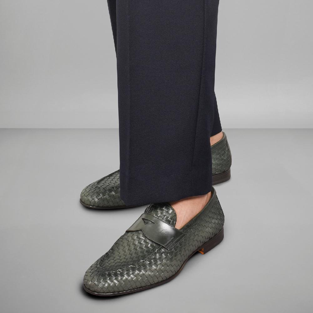 Santoni Mocassino da uomo in pelle intrecciata verde Offerte