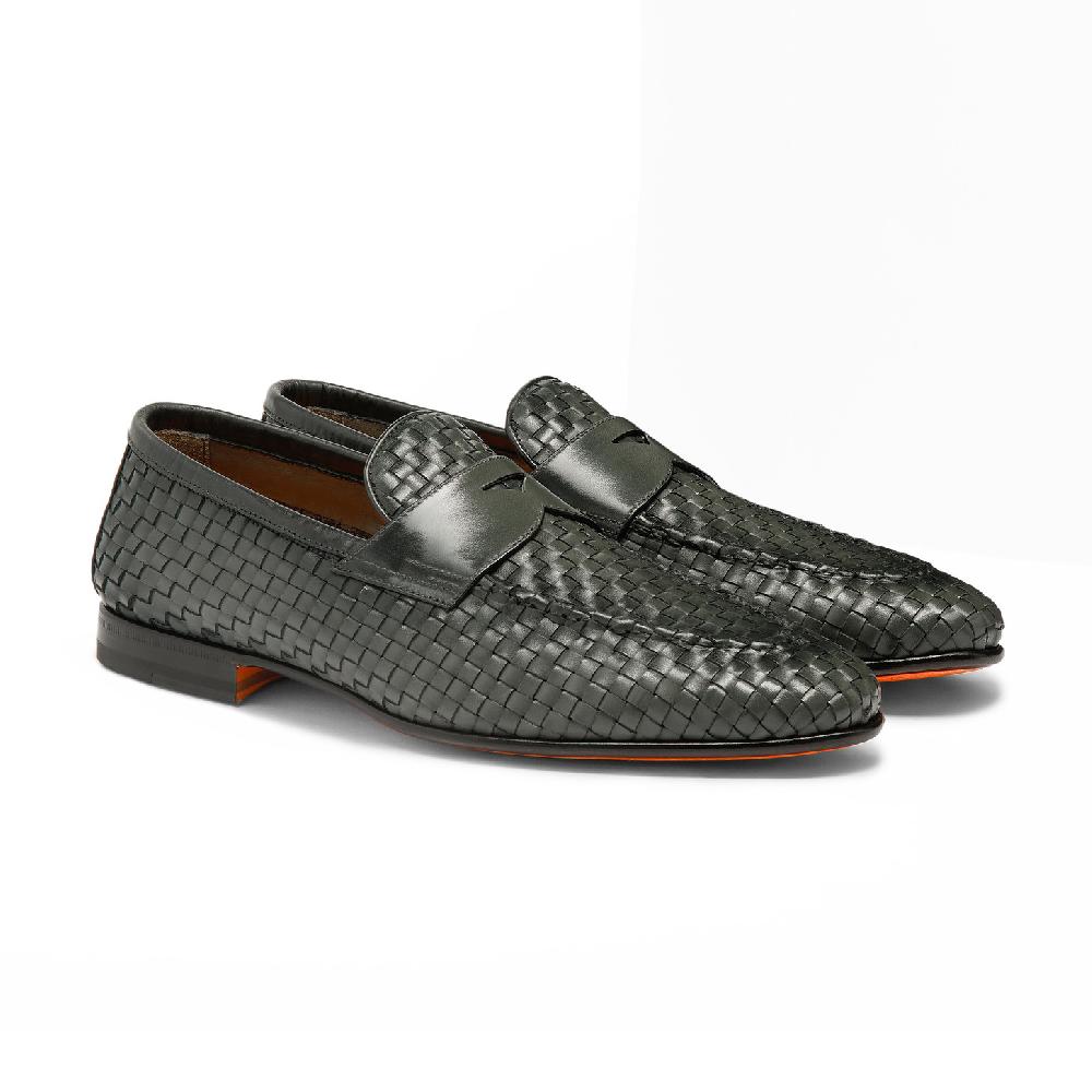 Santoni Mocassino da uomo in pelle intrecciata verde Offerte