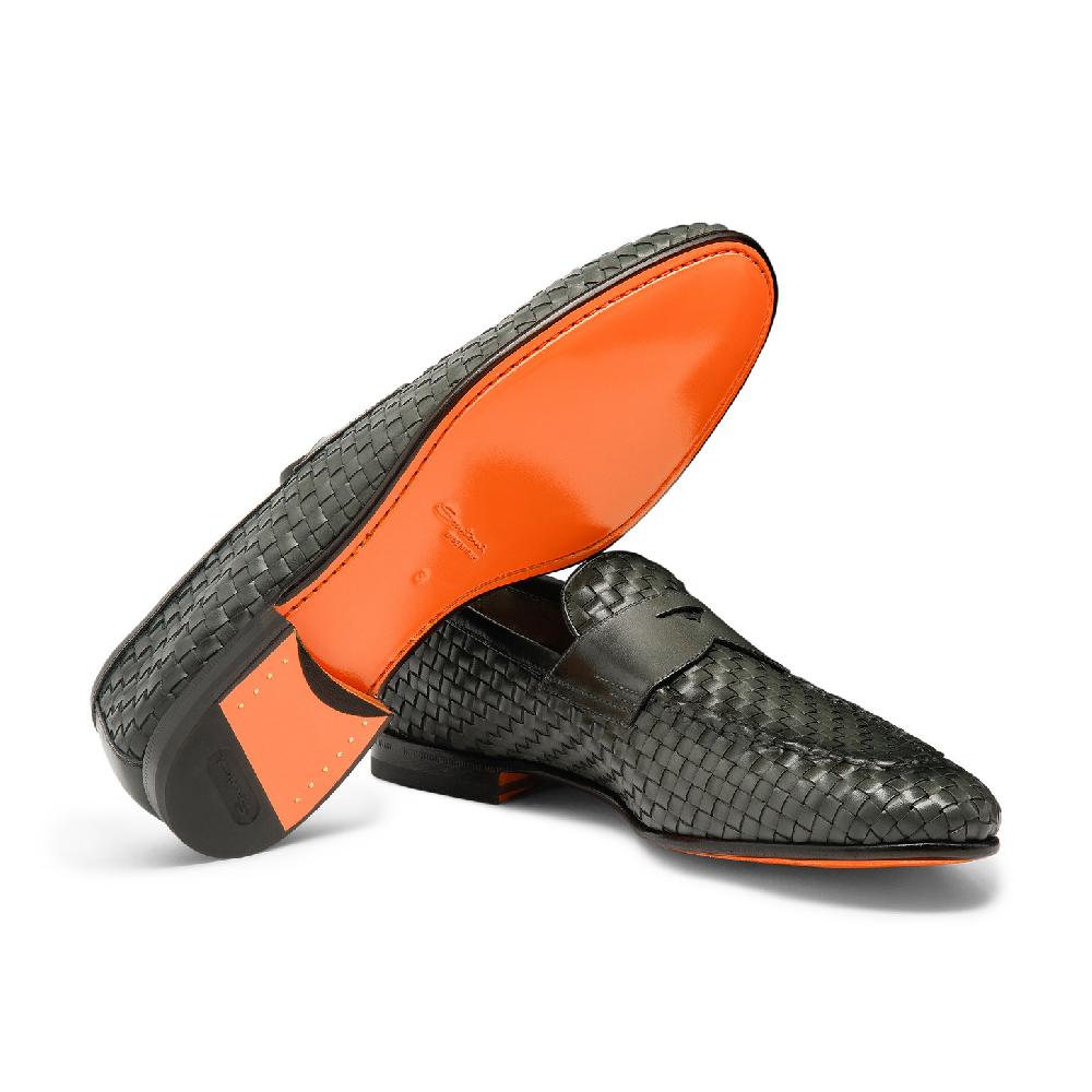 Santoni Mocassino da uomo in pelle intrecciata verde Offerte