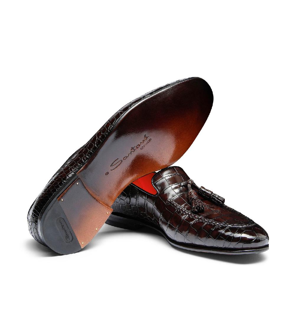 Santoni Mocassino con nappe da uomo in alligatore testa di moro Saldi Di Fabbrica