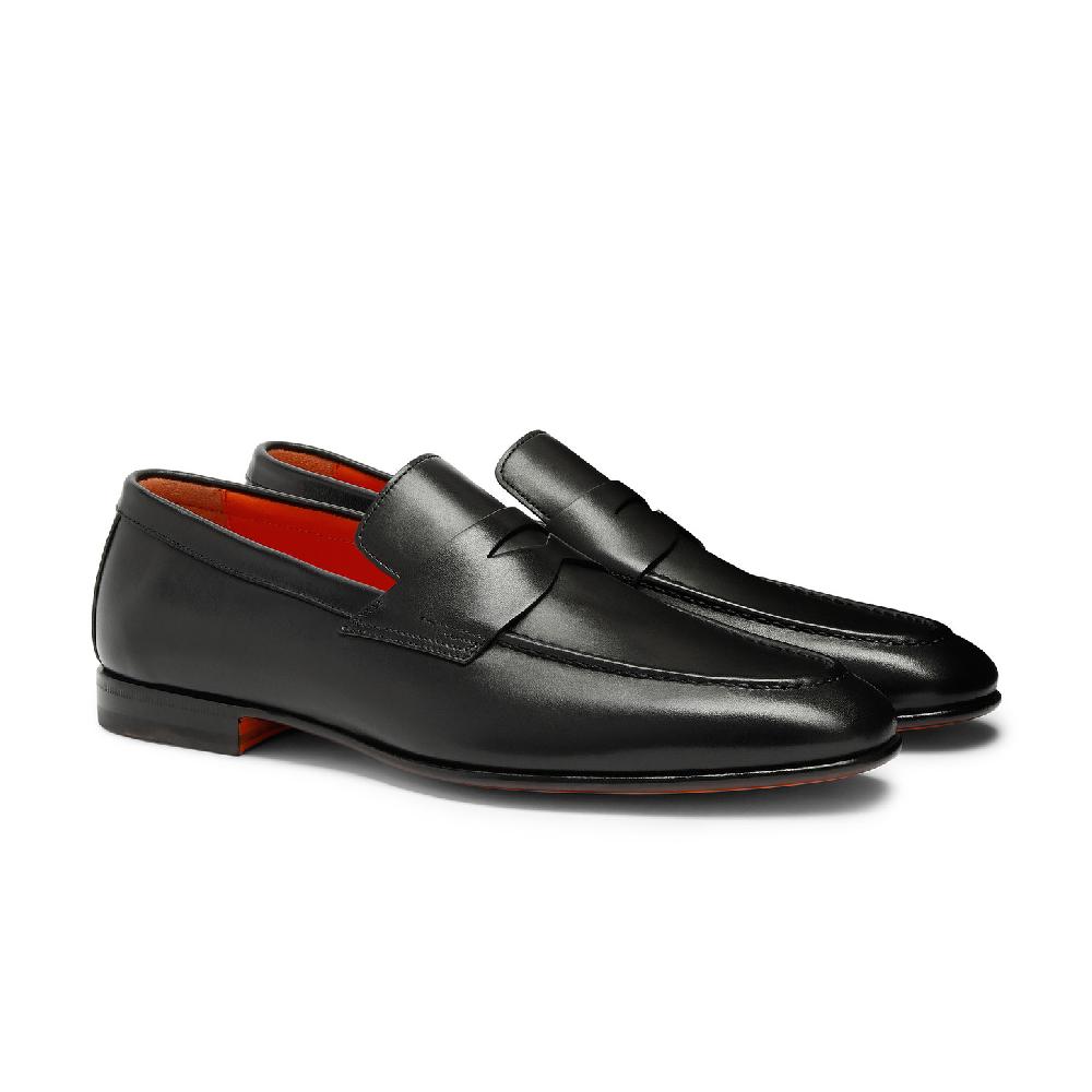 Santoni Mocassino penny da uomo in pelle anticata nera Vendite Flash
