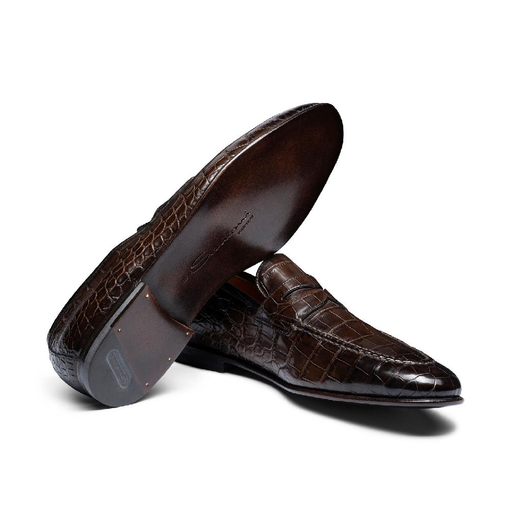 Santoni Mocassino penny da uomo in alligatore testa di moro In Saldo