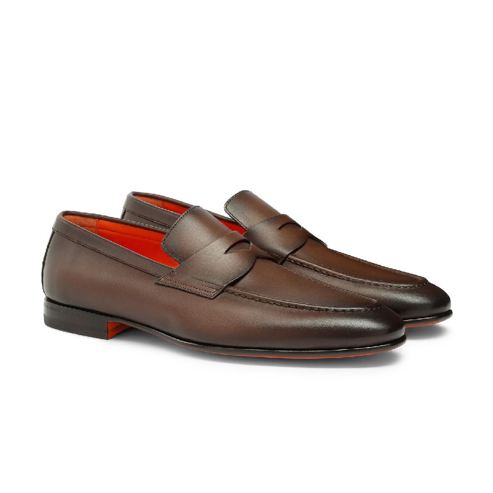 Santoni Mocassino penny da uomo in pelle anticata marrone Italia