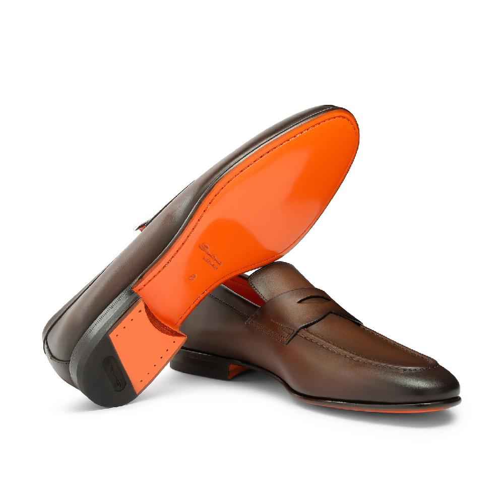Santoni Mocassino penny da uomo in pelle anticata marrone Italia