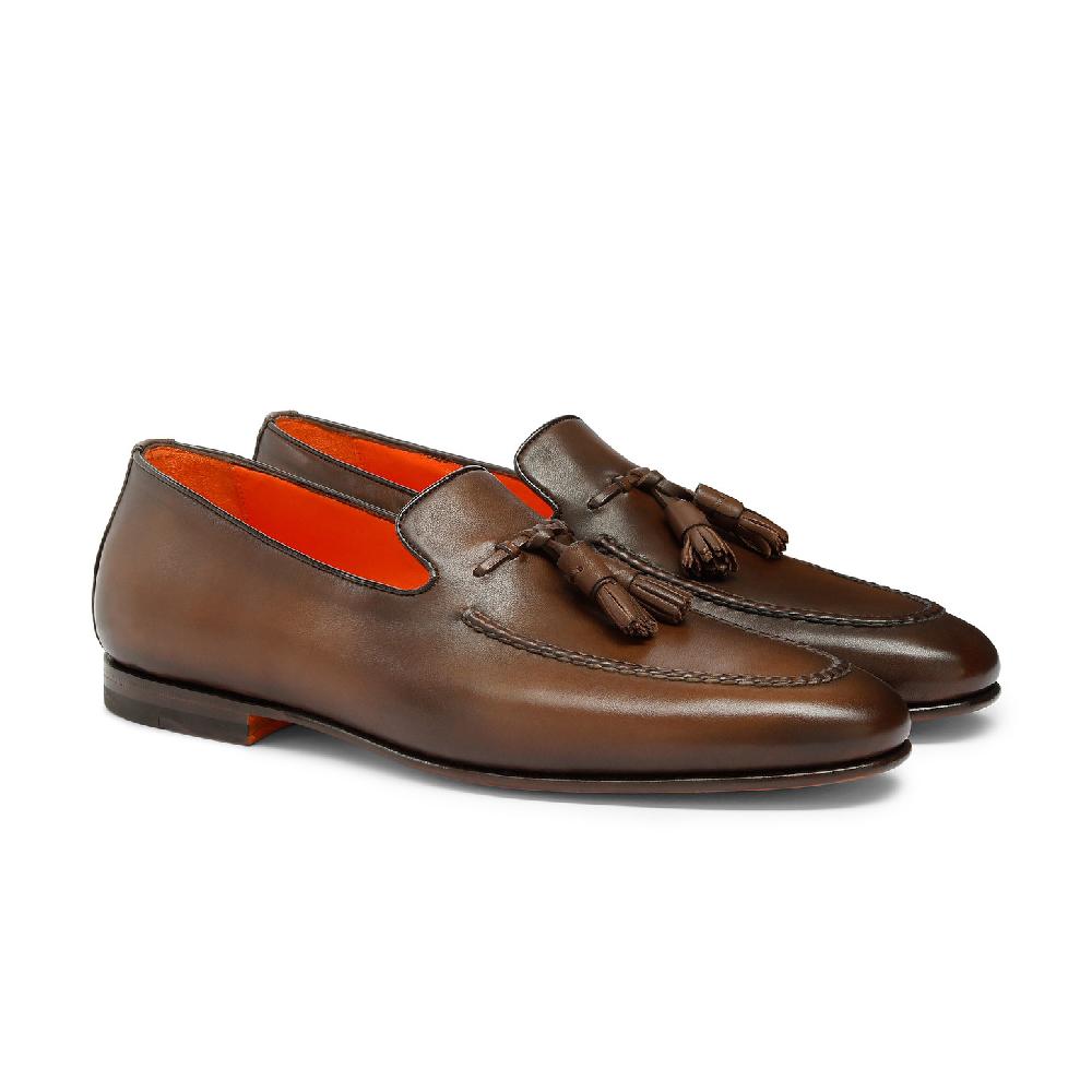 Santoni Mocassino con nappe da uomo in pelle anticata marrone In Linea