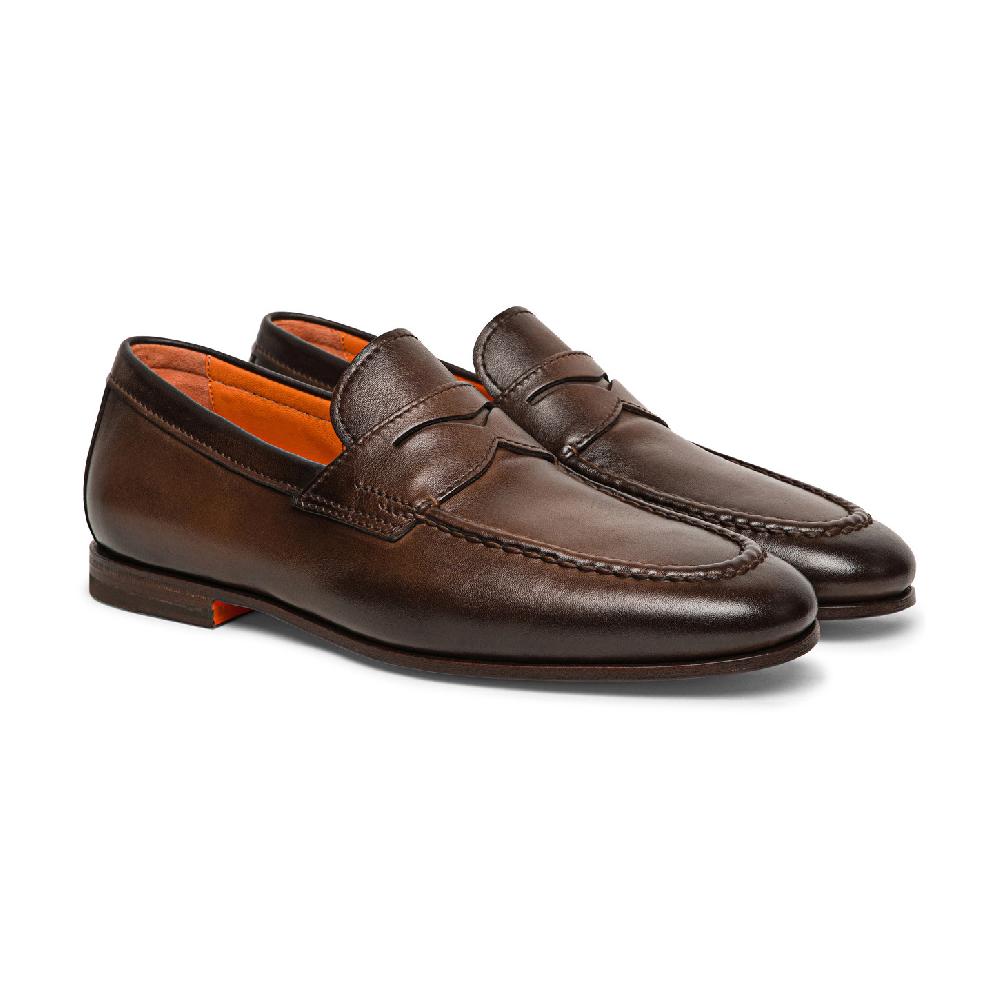 Santoni Mocassino penny da uomo in pelle anticata marrone Nuovo