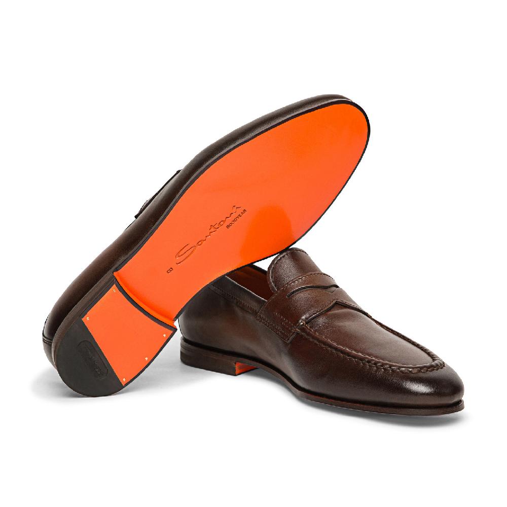 Santoni Mocassino penny da uomo in pelle anticata marrone Nuovo
