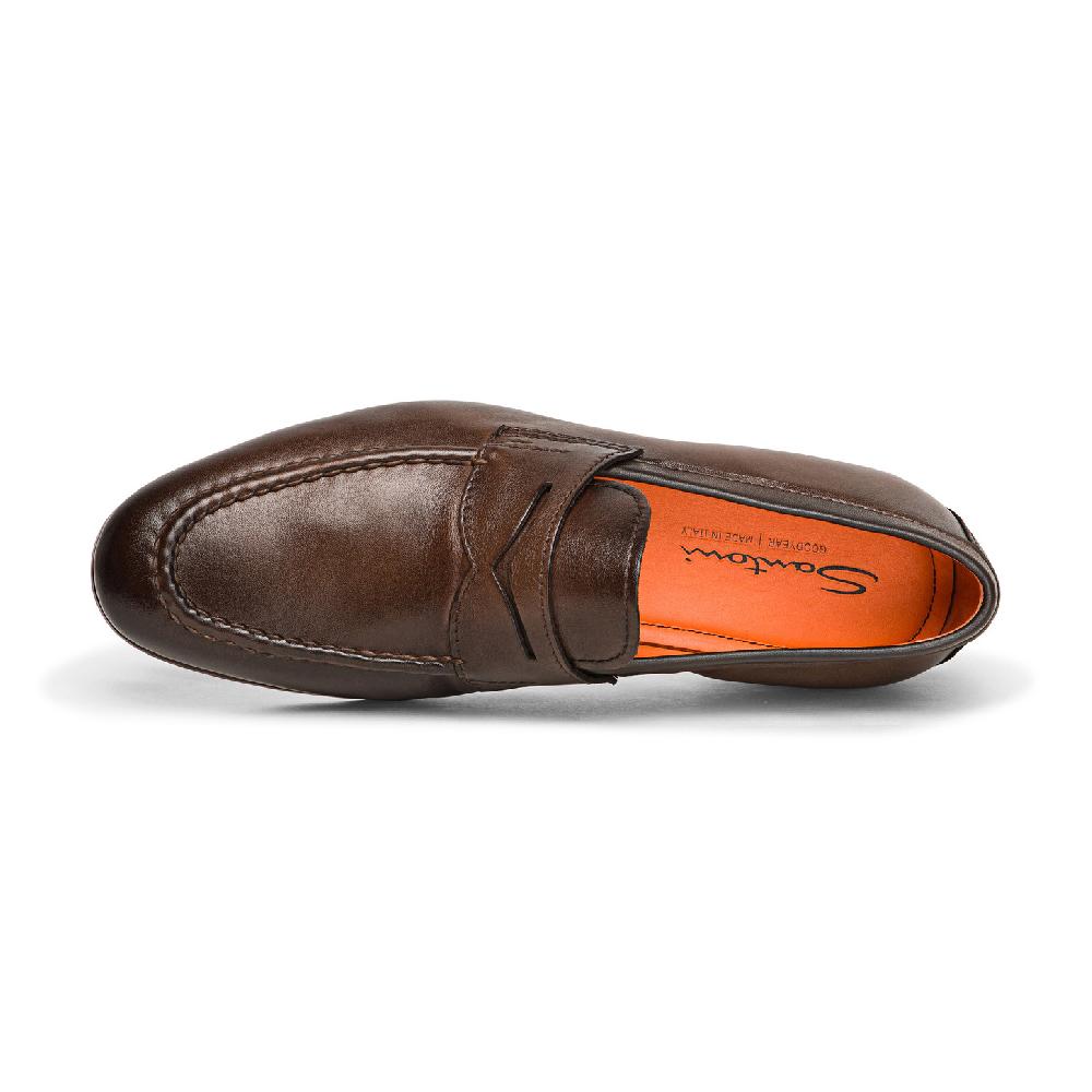 Santoni Mocassino penny da uomo in pelle anticata marrone Nuovo