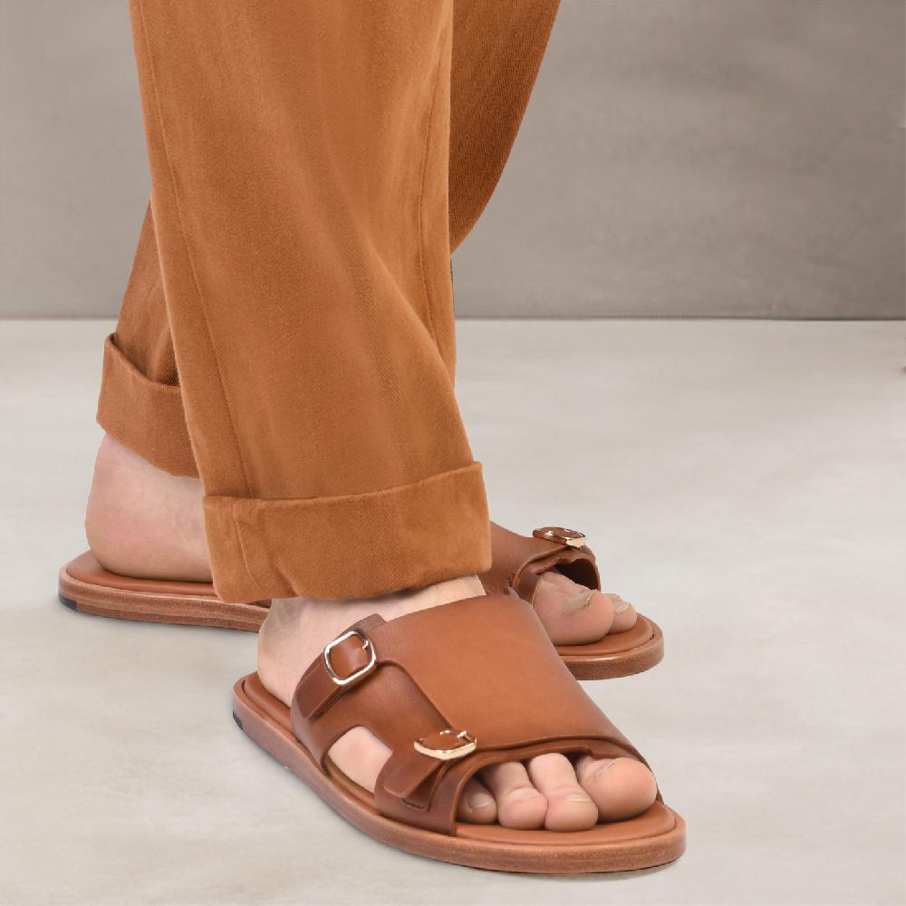 Santoni Sandalo doppia fibbia da uomo in pelle marrone Qualità