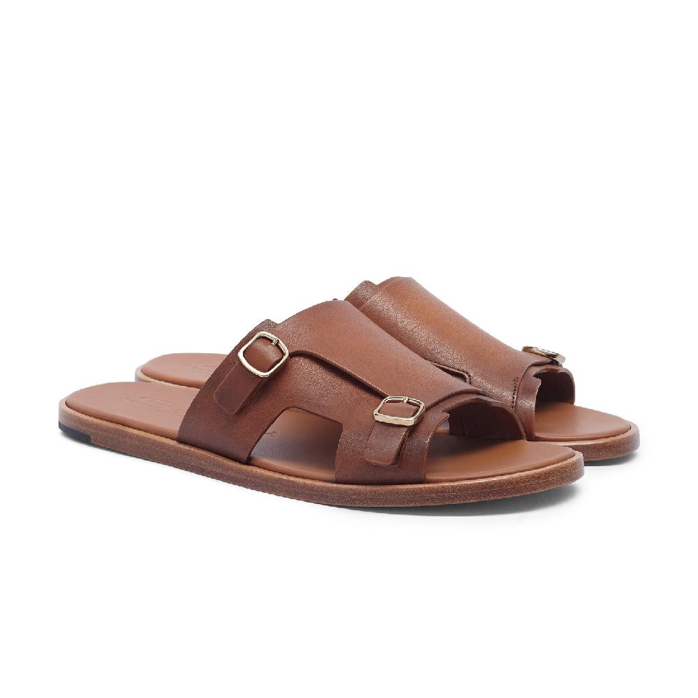Santoni Sandalo doppia fibbia da uomo in pelle marrone Qualità