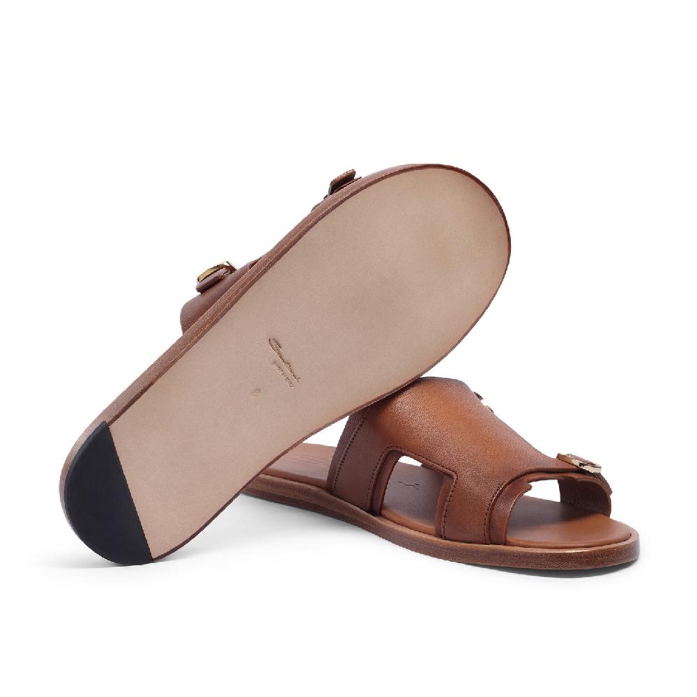 Santoni Sandalo doppia fibbia da uomo in pelle marrone Qualità