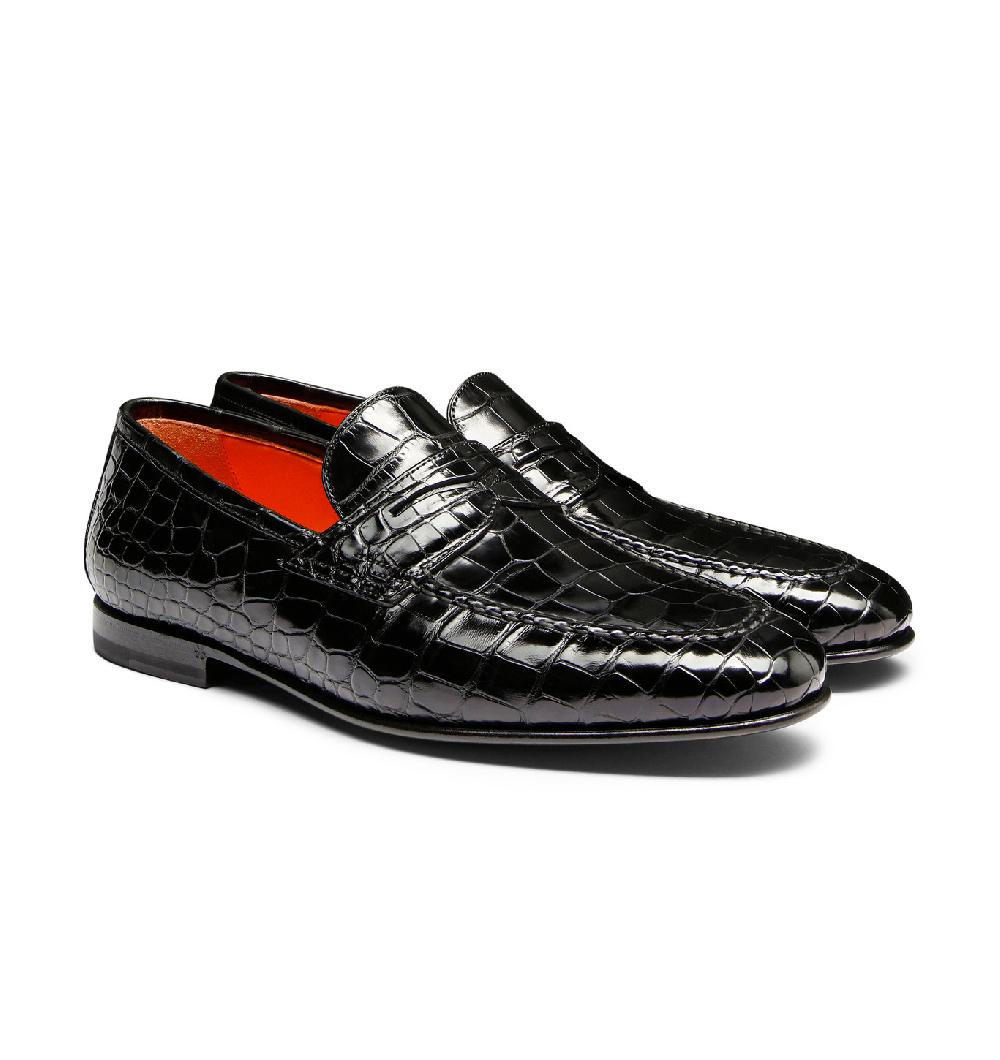 Santoni Mocassino penny da uomo in alligatore nero Prezzo Ridotto
