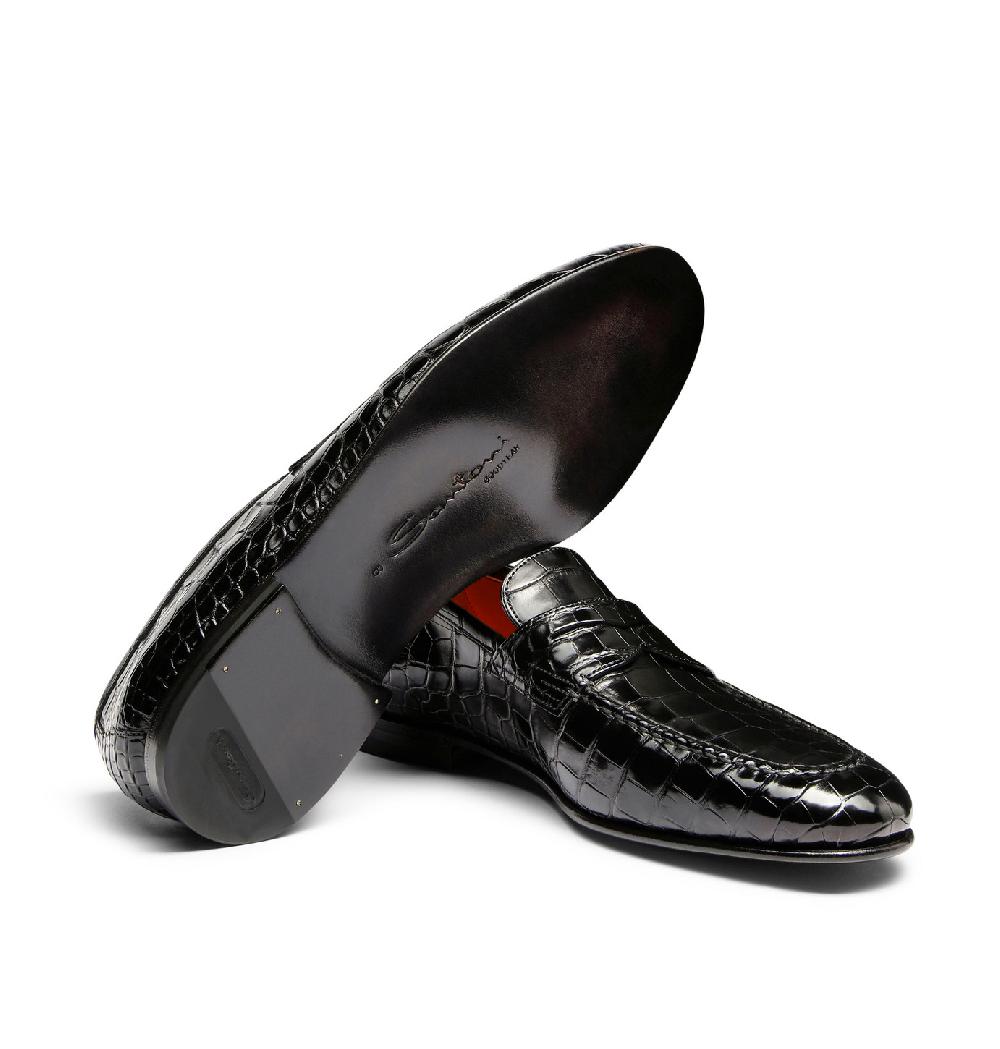 Santoni Mocassino penny da uomo in alligatore nero Prezzo Ridotto