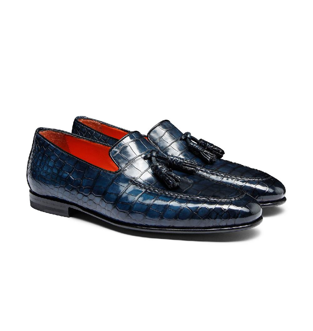 Santoni Mocassino con nappe da uomo in alligatore blu Outlet